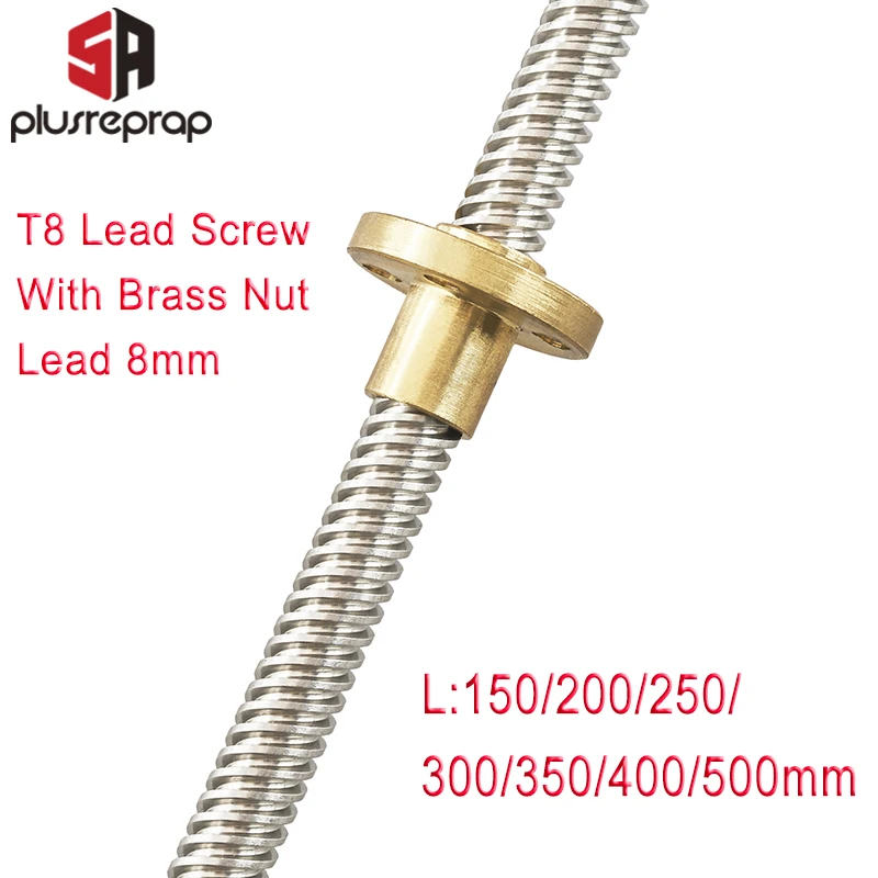 T8 Lead Screw OD 8mm Pitch 2mm Lead 8mm 150mm 200mm 250mm 300mm 350mm 400mm 500mm with Brass Nut for Reprap 3D Printer Z Axis