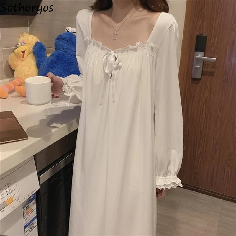 Women Mid Calf Nightgowns Solid Square Collar Long Sleeve Drawstring Ruffles Loose Retro New Chic French Casual Ulzzang Lace