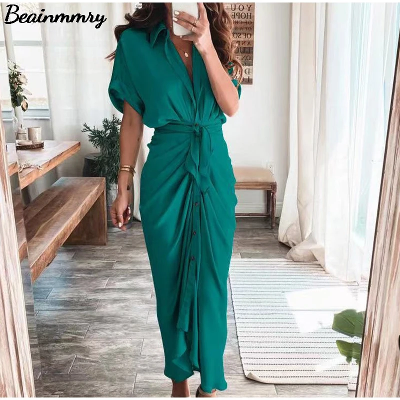 Women Summer Elegant Button Ruched Bandage Shirt Dress Fashion Casual Short Sleeve Solid V Neck Beach Maxi Dress