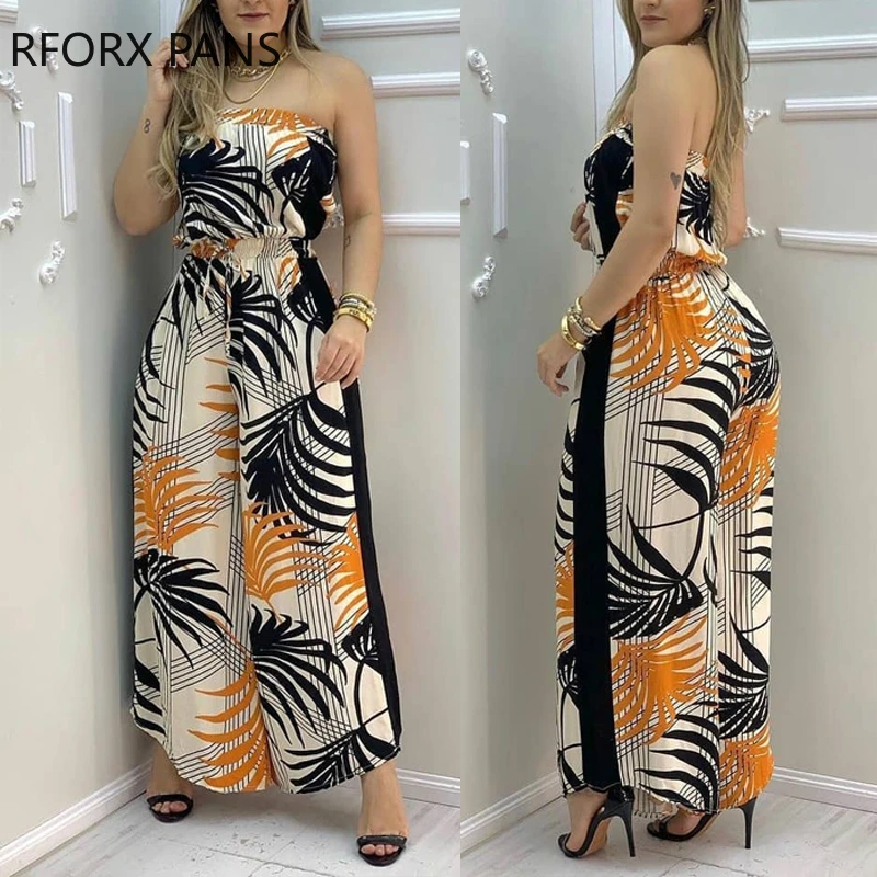 Women Clothes Tropical Print Bandeau Wide Leg Jumpsuit Casual Look for Women 2021