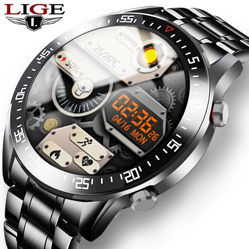 LIGE New Steel Band Smart Watch Men Full Touch Screen Sport Fitness Tracker Watch IP68 Waterproof For Android iOS Man Smartwatch