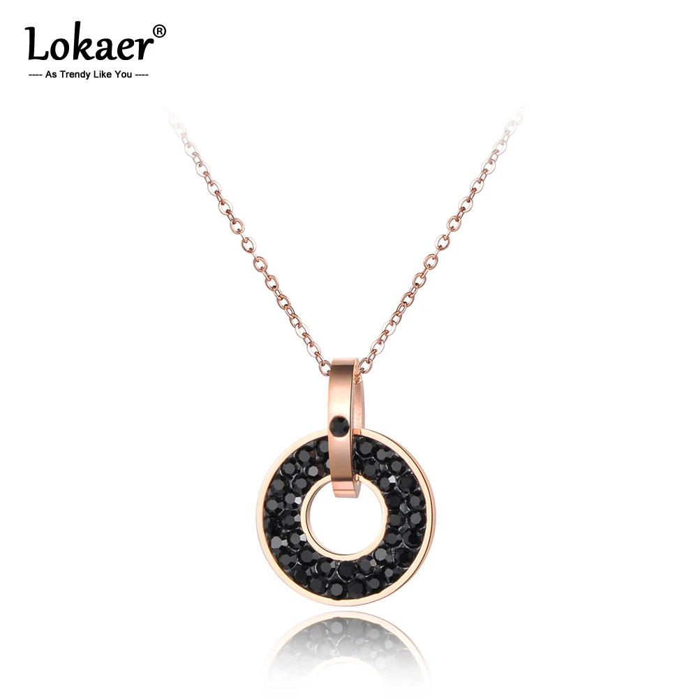 Lokaer Stainless Steel Jewelry Black & White Crystals Pendant Round Shape Rose Gold Color Necklace N18072