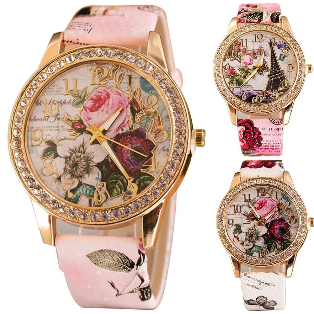 HOT SALES!!! Women Rhinestone Inlaid Flower Round Dial Faux Leather Band Quartz Wrist Watch Fashion Quartz Wrist Watch Women