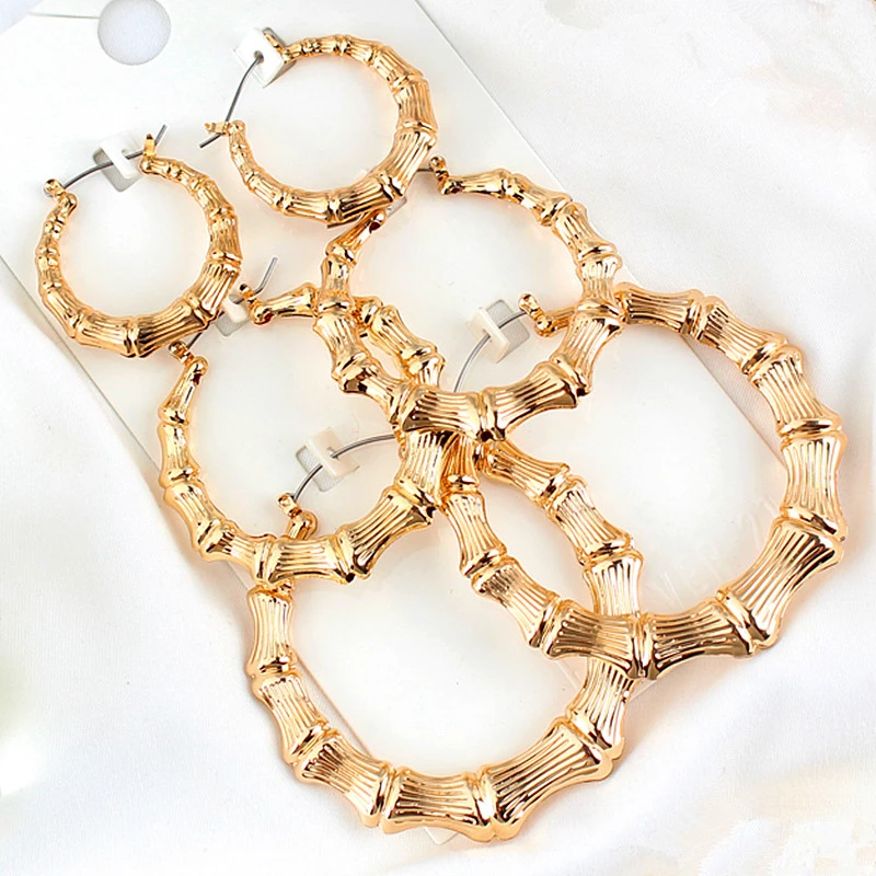 Statement Sliver/Gold Color Big Bamboo Circle Hoop Earrings For Women Hip Hop Large Celebrity Basketball Wives Earrings Hoops