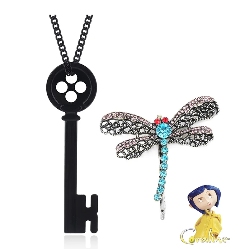 Horror Movie Coraline Necklace Cartoon Black Button Key Skull Collar Necklace Dragonfly Hairpin For Women Jewelry Gift