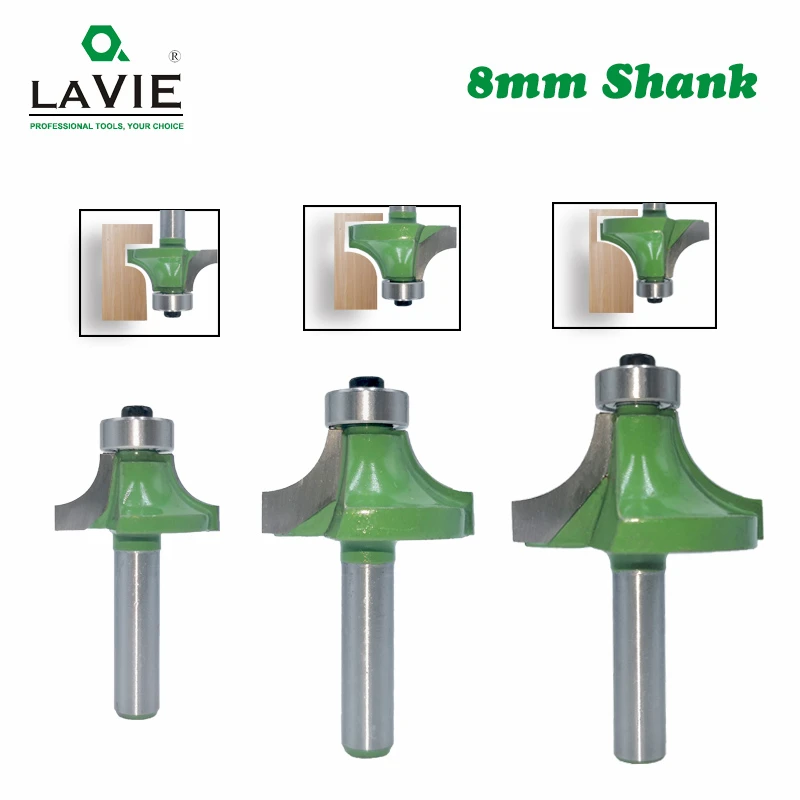 LAVIE 3pcs 8mm Corner Round Over Router Bit with Bearing 1/2