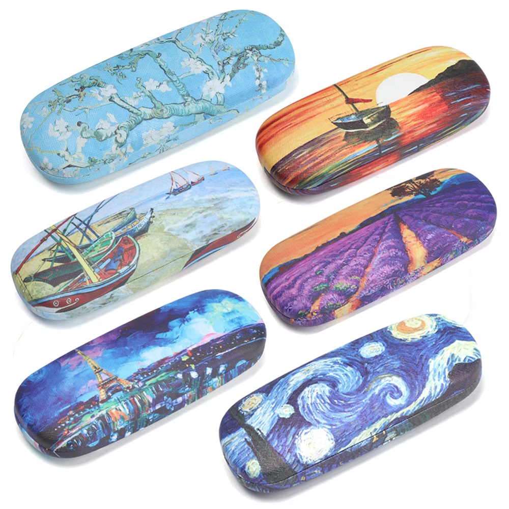 1PC Fashion Vintage Oil Painting Style Portable Hard Leather Glasses Box Floral Print Eyeglasses Case Eyeglasses Accessories