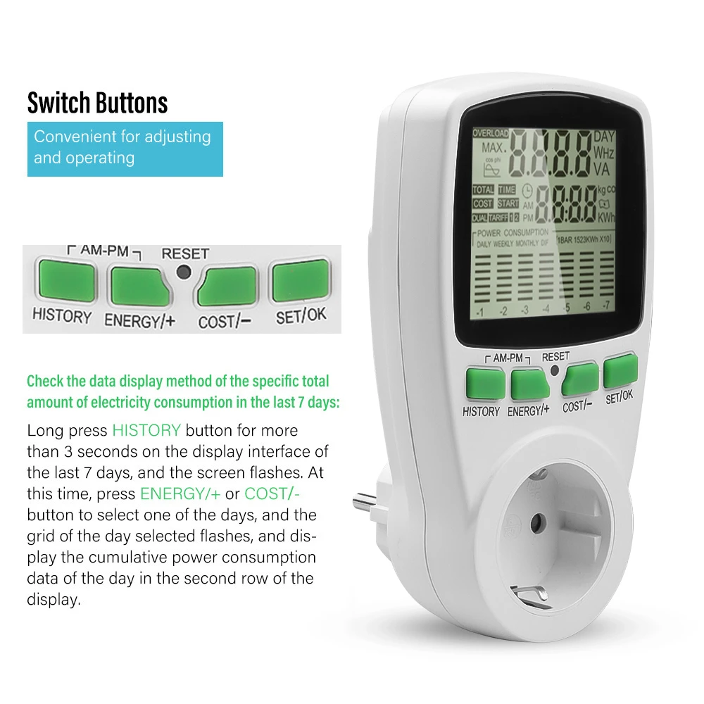 220v Digital Wattmeter EU Plug Power Meter Electricity Cost Diagram Measuring Outlet Power Analyzer