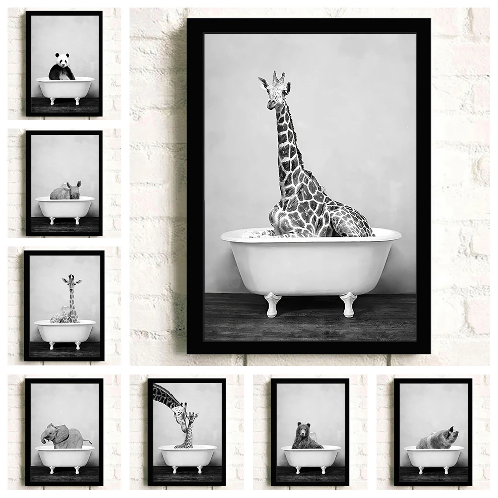 Black and White Animals Wall Art Bathroom Bathtub Poster Elephant Lion Panda Giraffe Canvas Print Nursery Picture for Kids Room