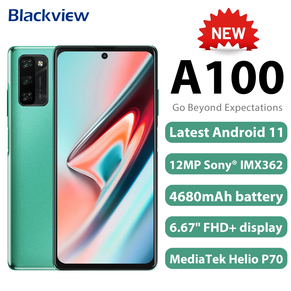 Blackview A100 Smartphone Helio P70 Octa Core 6GB+128GB 12MP HDR Camera Mobile Phone 4680mAh Android 11 Telephone 4G LTE Celular