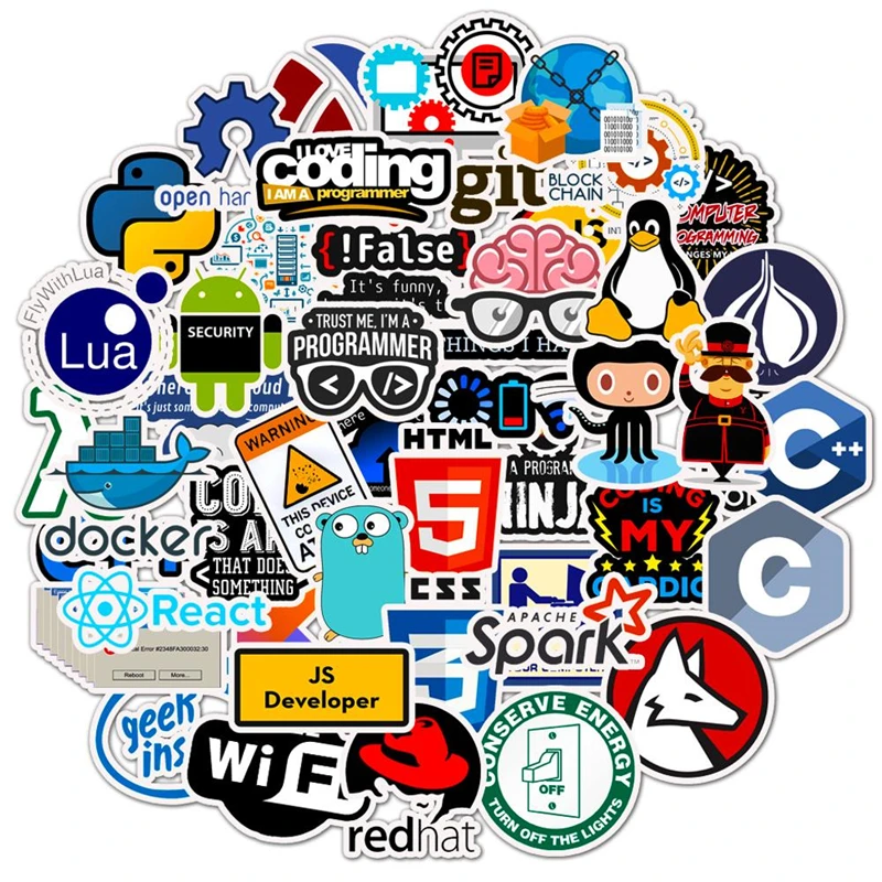 50Pcs Internet Java Sticker Geek programmer Php Docker Html Bitcoin Cloud C++ Programming Language For Car Laptop DIY Stickers