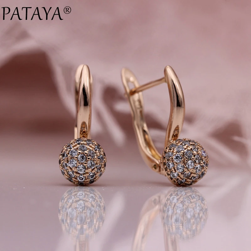 PATAYA New 585 Rose Gold Spherical Dangle Earrings Micro-wax Inlay Natural Zircon Trendy Women Earrings Wedding Fashion Jewelry