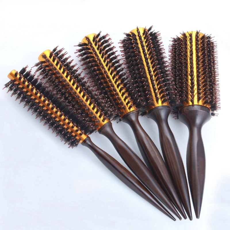 IRUI 1pc Natural Boar Bristle Round Hair Rolling Brush Wooden Handle Hair Comb For Drying Styling Curling