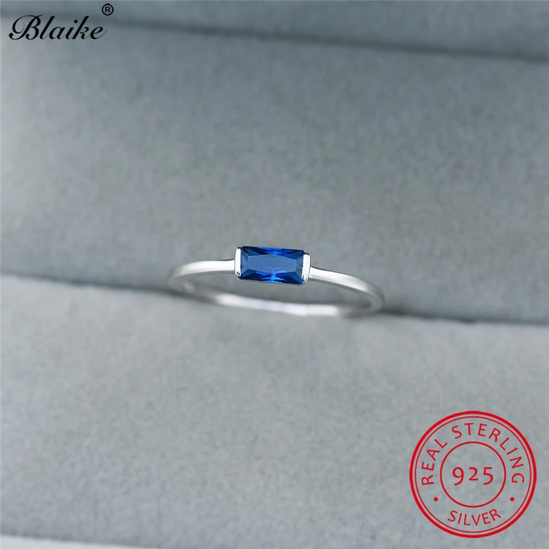 Real s925 Sterling Silver Ring Blue Red Black Zircon Small Rectangle Stone Rings For Women Wedding Thin Ring Band Stacking Rings