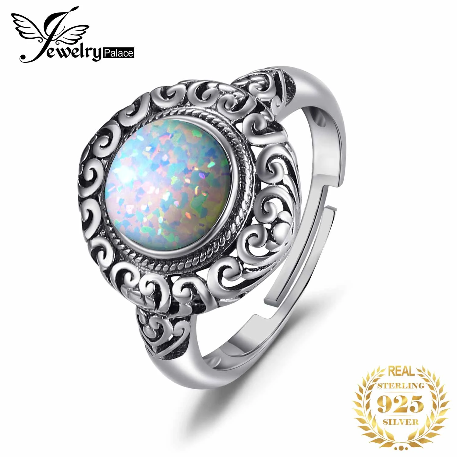 JewelryPalace Vintage 1.5ct Huge Created Opal Ring Unique Open Adjustable Cocktail  925 Sterling Silver Rings for Women Jewelry
