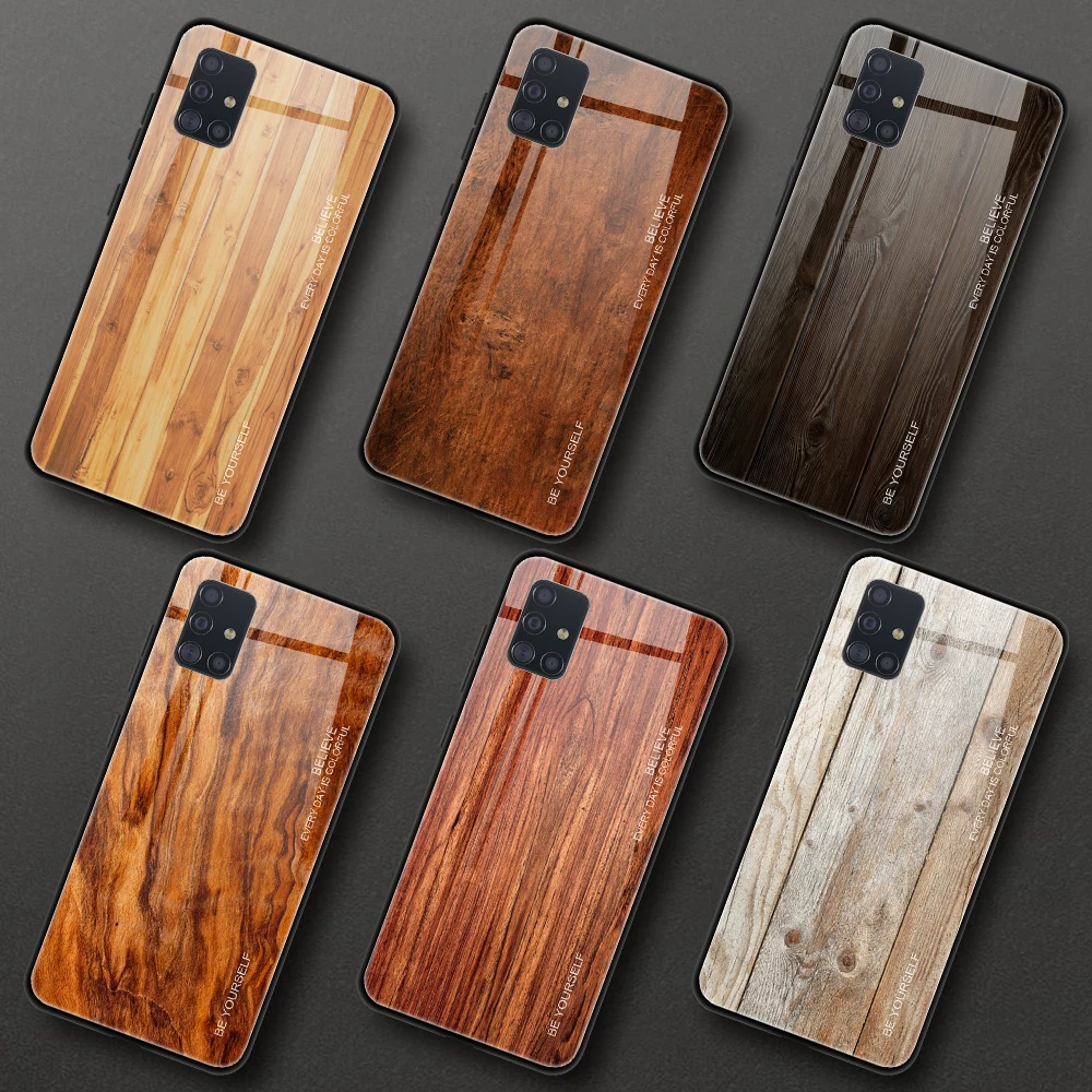 Tempered Glass Case for Samsung Galaxy A72 A52 A32 A42 A12 A02S 5G Wood Grain Case Cover For Samsung A70 A50 A51 A71 A515F A715F