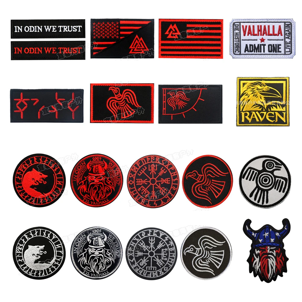 Valknut Valhalla Tactical Vikings Velcros Patches Raven Odin Symbol Blackbird Sun Emblem Military Badge Appliques