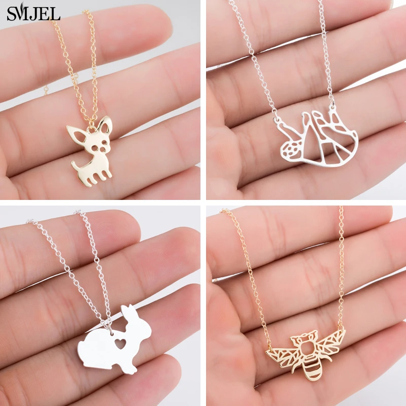 SMJEL Stainless Steel Origami Bee Necklaces Women Lovely Animal Bear Rabbit Chihuahua Dog Pendant Necklace Best Gifts for Girls