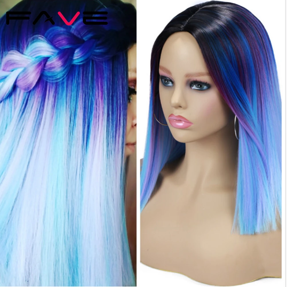 FAVE Ombre Short Bob Synthetic Wig Blue Purple Rainbow Colorful Straight Hair Middle Part Cosplay Heat Resistant Fiber For Women
