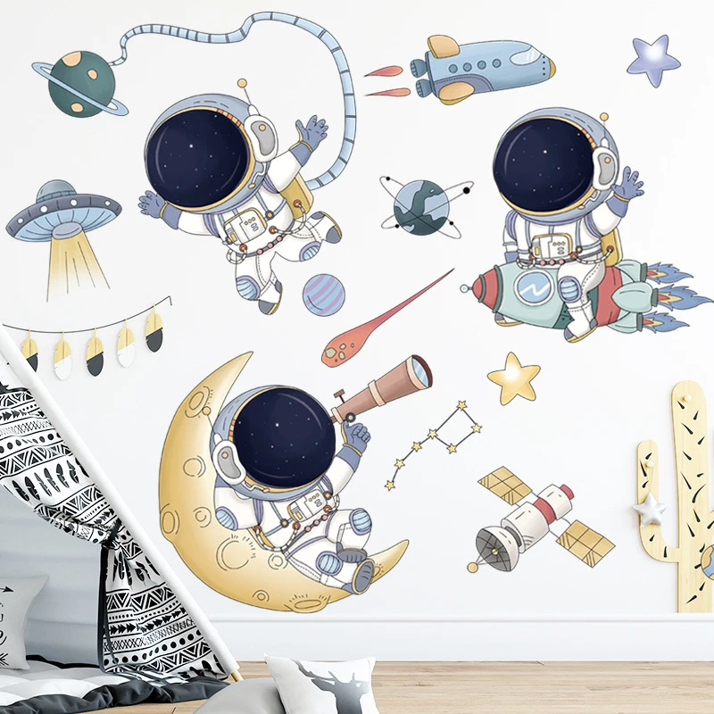 Cartoon Spaceship Wall Sticker for Kids rooms Nursery Astronaut UFO Wall Decor Vinyl DIY Wall Decals Art Murals Home Decoration