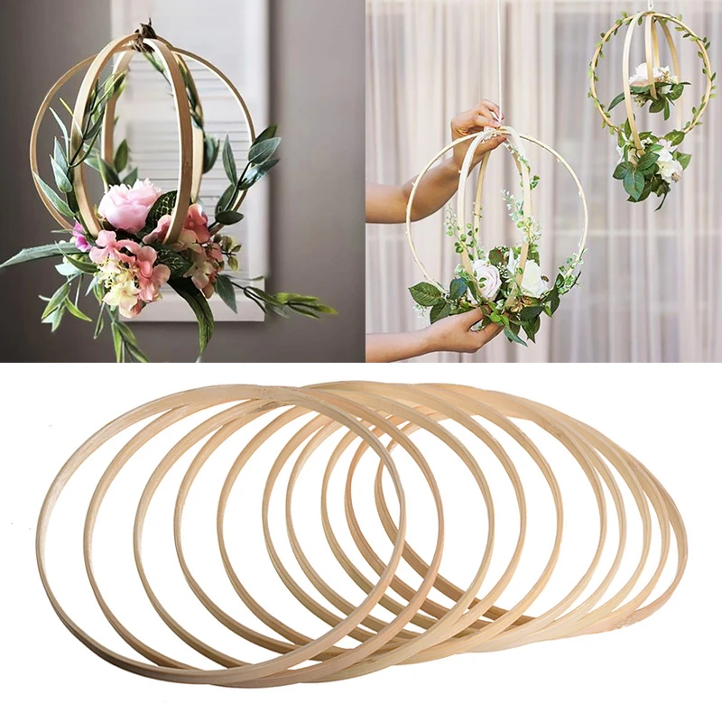 10Pcs Bamboo Ring Wooden Circle Round Catcher Home Decor Diy Hoop For Flower Wreath House Garden Plant Decor Hanging Basket