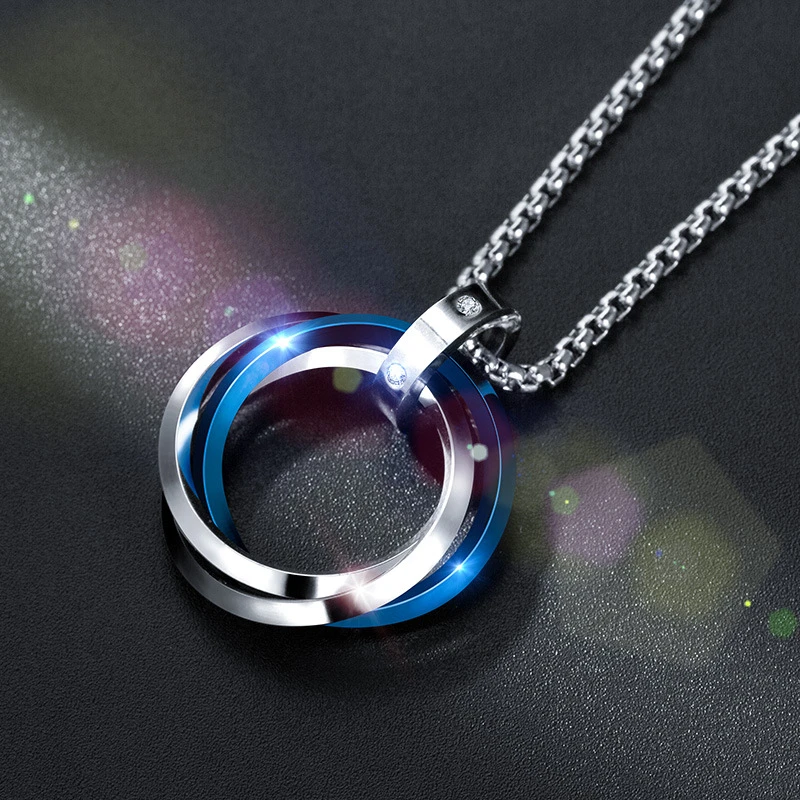 Fashion Geometry 3-Color Circle Pendant Necklace Stainless Steel Blue Black Rose Gold Couple Necklace Men's Party Jewelry Gift