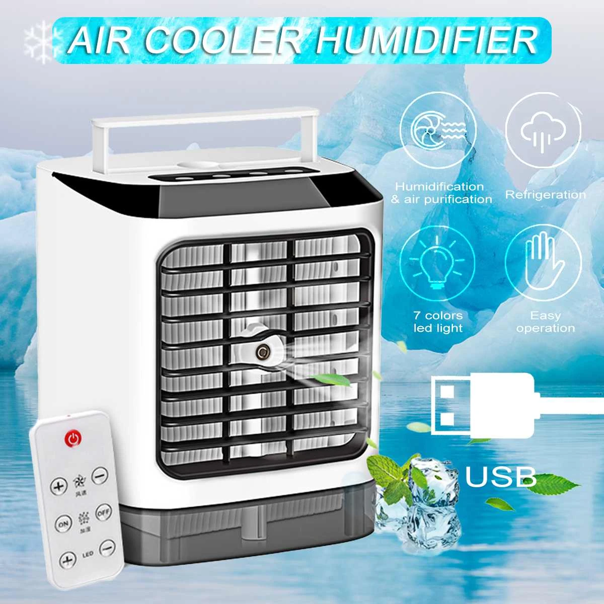 Portable Air Conditioner 7 Colors LED Conditioning Mini 3-in-1 Humidifier Purifier USB Desktop Remote Controller Air Cooler Fan