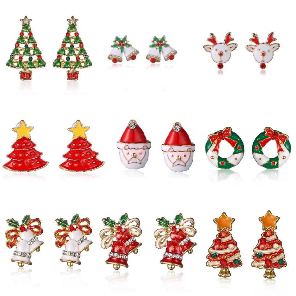 New Hot Elk Christmas Tree Cartoon Bell Santa Claus Stud Earrings For Women Fashion Jewelry Pendientes boucle d'oreille