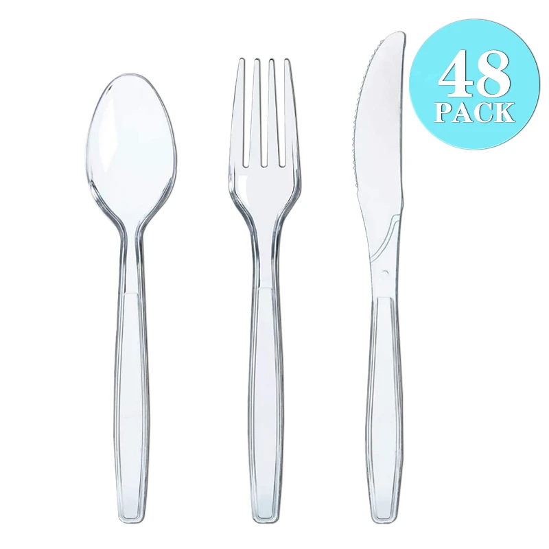 48/96/144pcs Plastic Cutlery Set Crystal Clear Cutlery-set Plastic Dinner Knife Fork Spoon Birthday Party Household Supplies