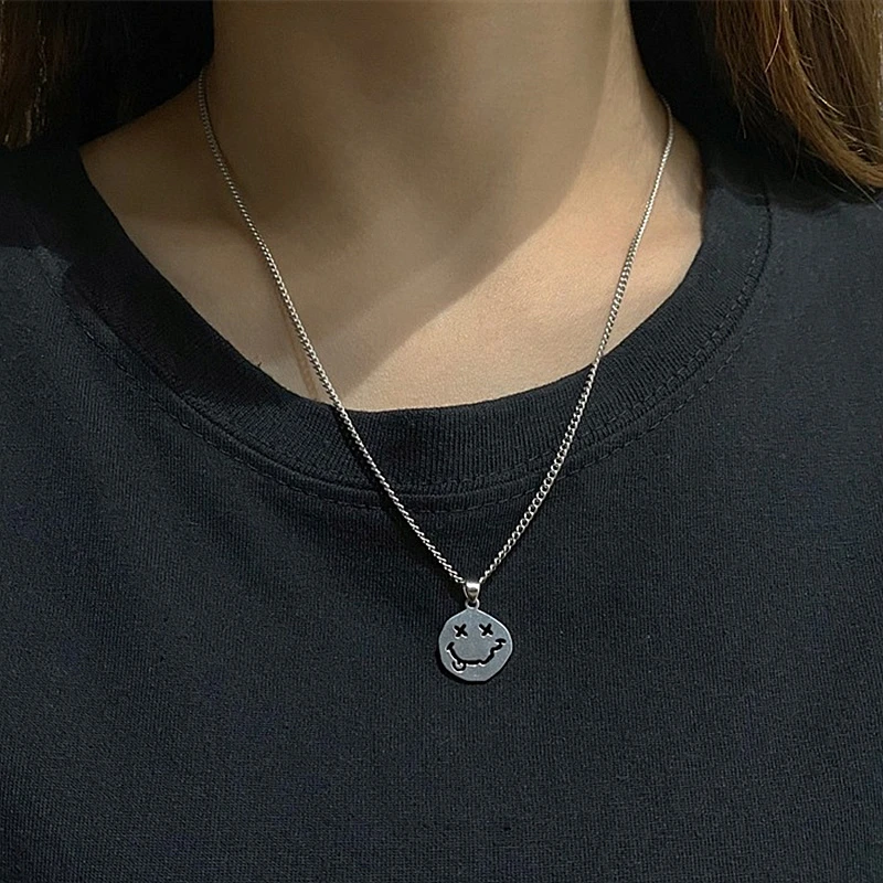 Gothic Style Smile Face Neck Pendant Women Men Long Chain Goth Necklace Couple Jewelry 2021 Cool Streetwear Kpop Collar For Girl