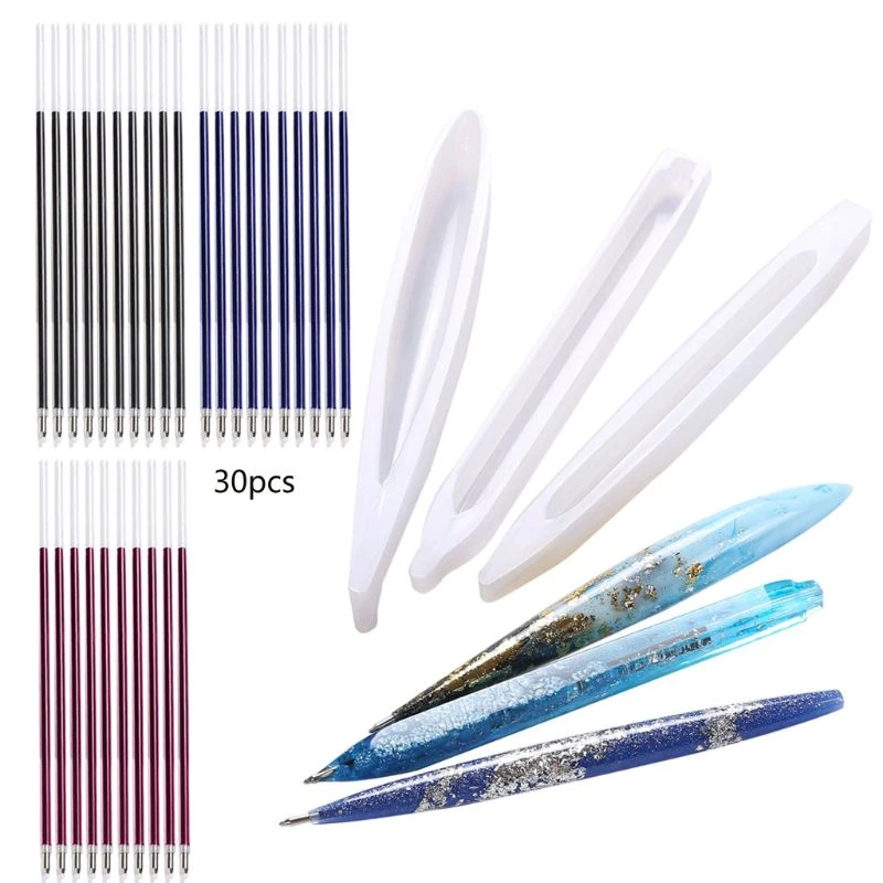 3Pcs Ballpoint Pen Silicone Resin Molds Incidental 30Pcs Tricolor Refills Epoxy Resin DIY Self made and unique Art Craft suit