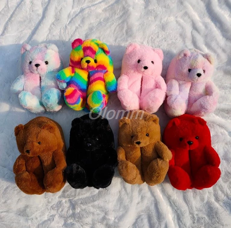 Home slippers indoor women winter warm cute plush woman furry fur slides teddy bear Winter Warm Shoes Cartoon Plush Teddy