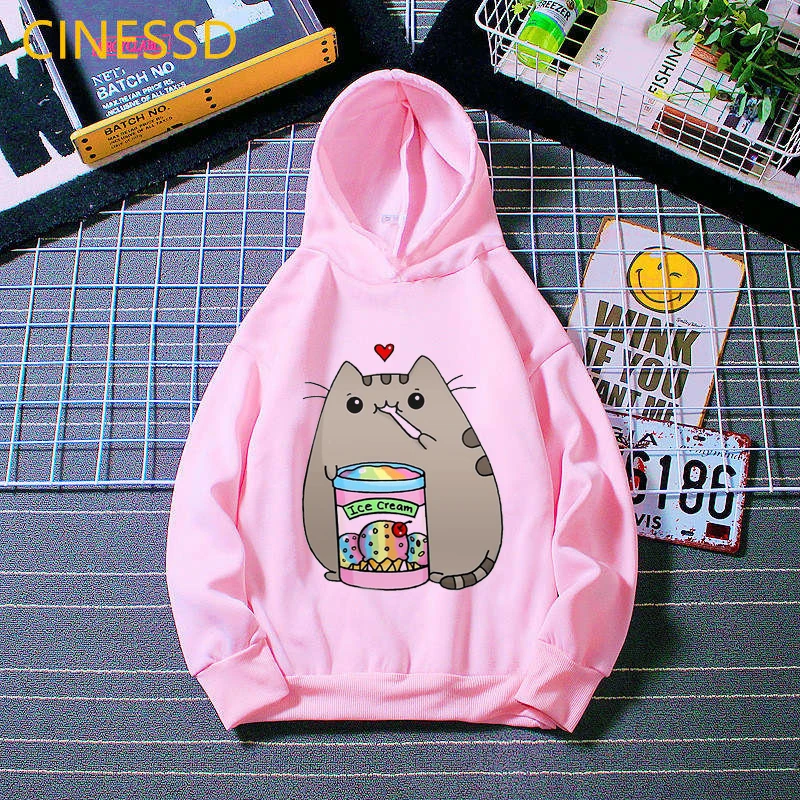 Kawaii Kids Clothes Coffee Cat Love Ice Cream Animal Print Pink Hoodie Girls Harajuku Funny Sweatshirt Children Clothing Coat