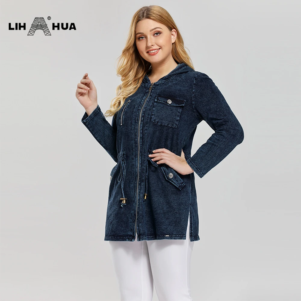 LIH HUA Women's Denim Jacket Plus Size Casual Long Style for Woman Premium Stretch Cotton Knitted  Denim Chaquetas