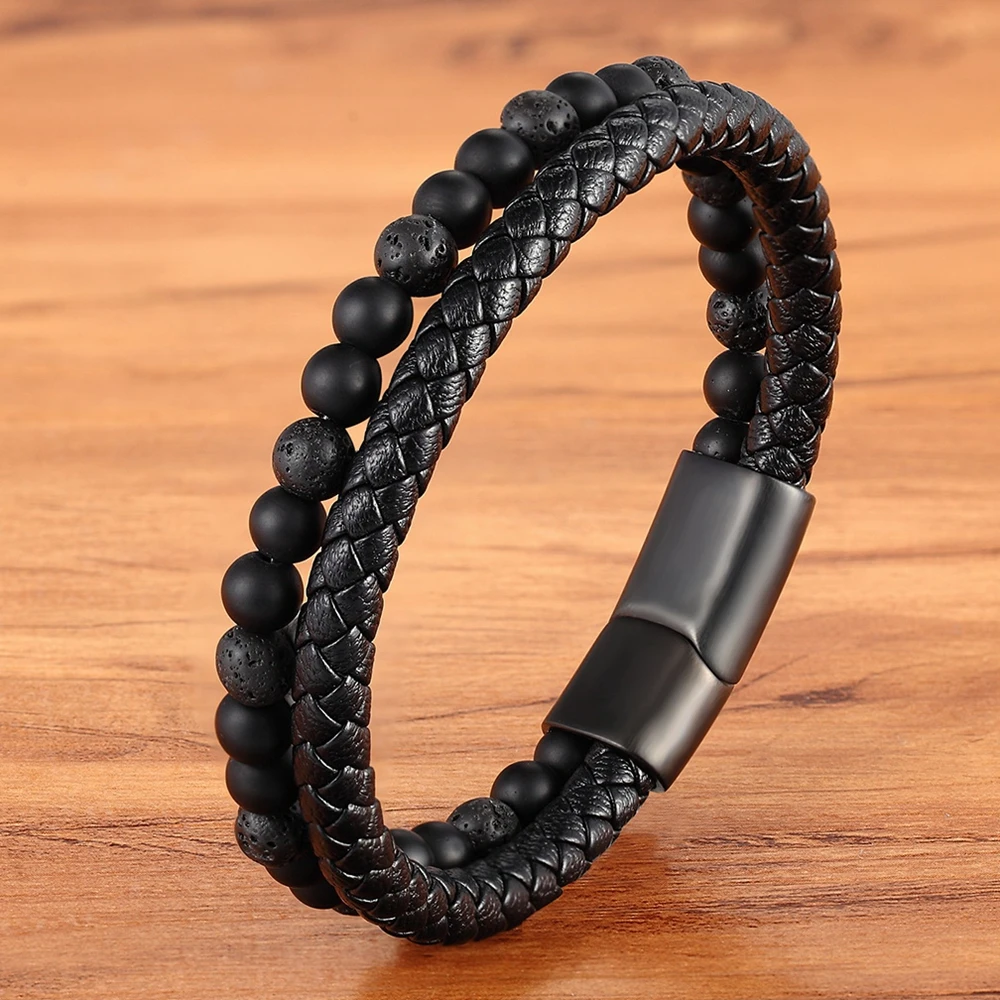 New Arrival Men Bracelet Natural Stone Beads Double Layer Leather Bracelet Stainless Steel Magnetic Clasp Bangle Male Jewelry