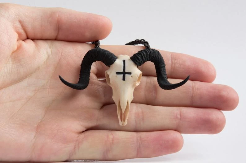 Ram Skull Pendant Necklace 3D Printed,Occult Baphomet Wicca Evil Goat Skull Necklace- Horned Devil Punk Gothic