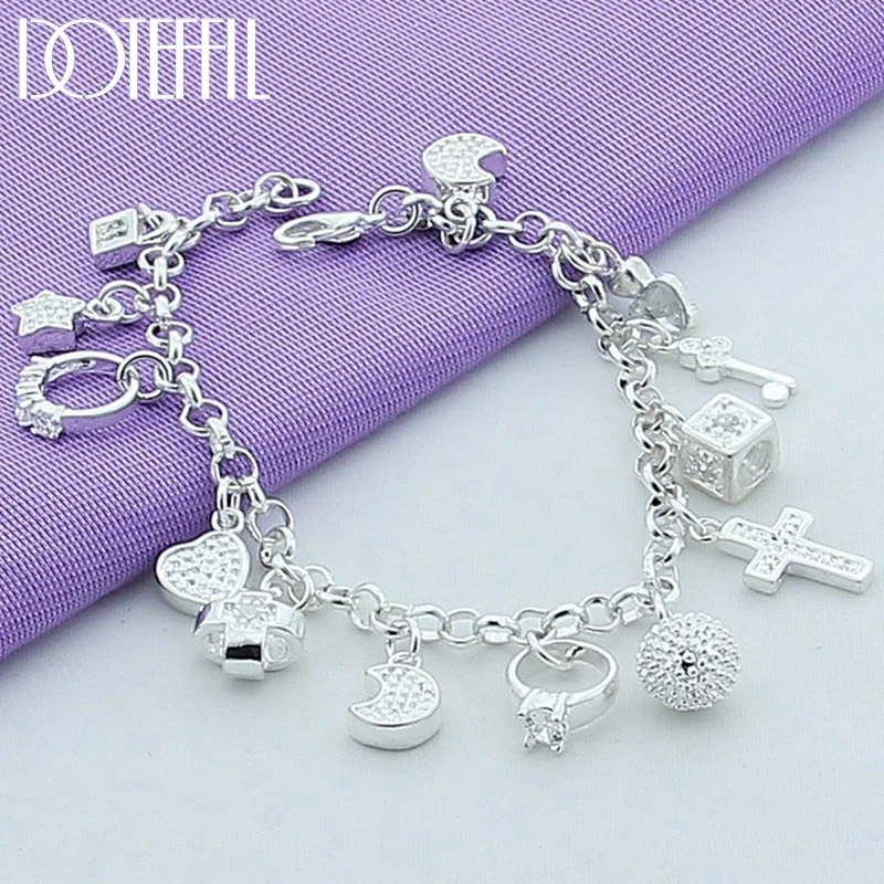 DOTEFFIL 925 Sterling Silver Moon Heart Lock Cross Bracelet For Men Woman Charm Wedding Engagement Party Fashion Jewelry