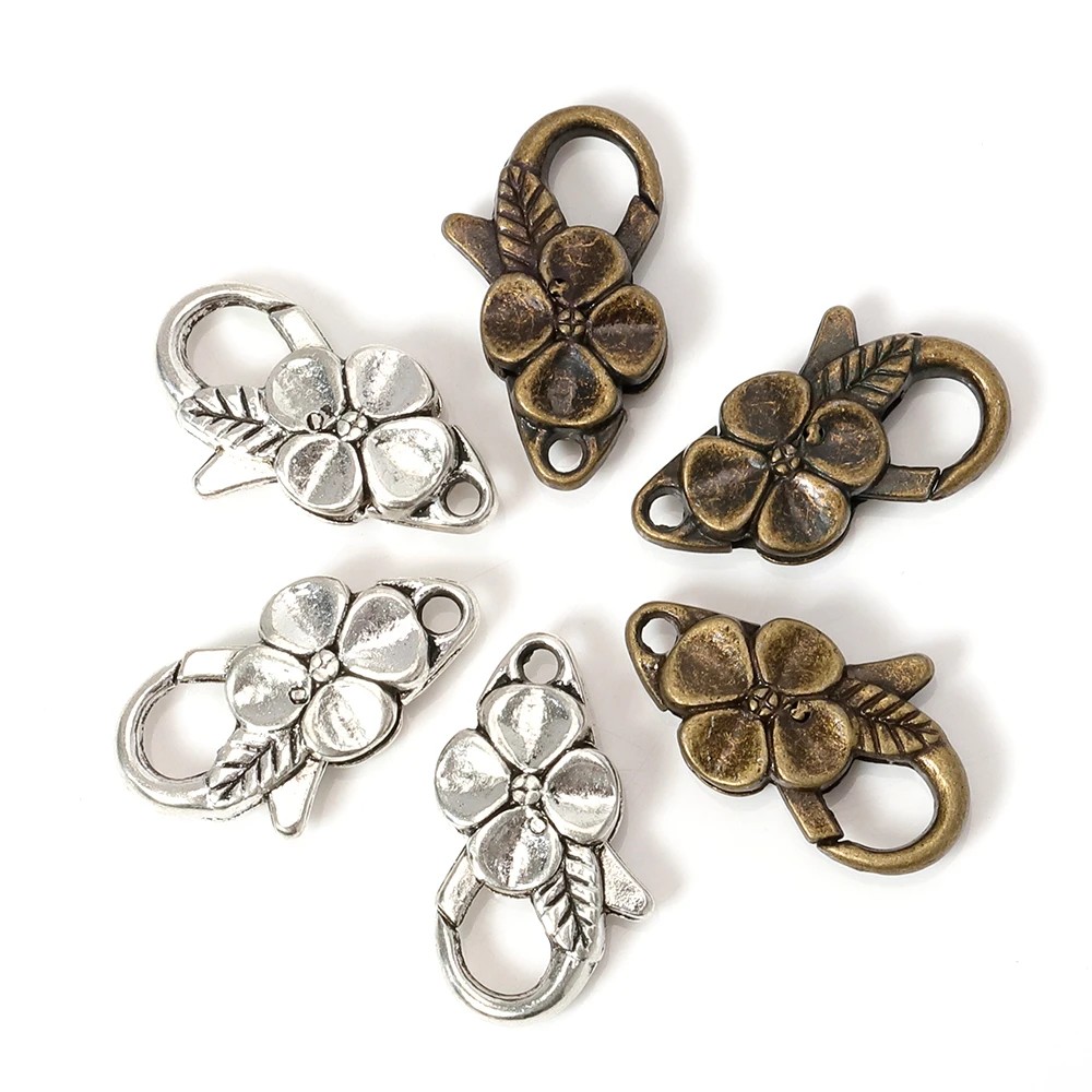 5pcs/lot Antique Silver Flower Lobster Clasp Hooks For Necklace Bracelet Chain DIY Jewelry Accessory Findings 26*15MM