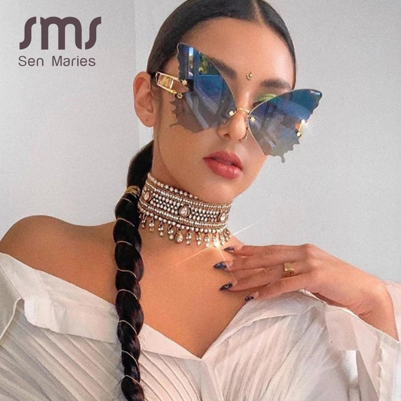 Sen Maries Butterfly Rimless Sunglasses Women Luxury Brand Designer Fashion Oversized Steampunk Sunglasses Vintage Eyewear UV400