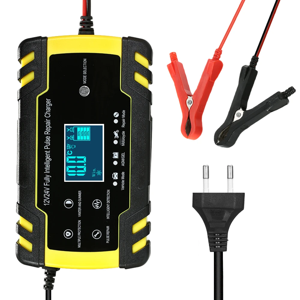 12V 24V Pulse Repairing Charger with LCD Display Motorcycle & Car Battery Charger AGM GEL WET Lead Acid Battery Charger Styling