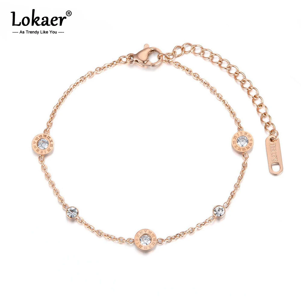 Lokaer Classic Roman Numerals Cubic Zirconia Chain & Link Bracelets Jewelry Titanium Steel Charms Bracelet For Women B18019