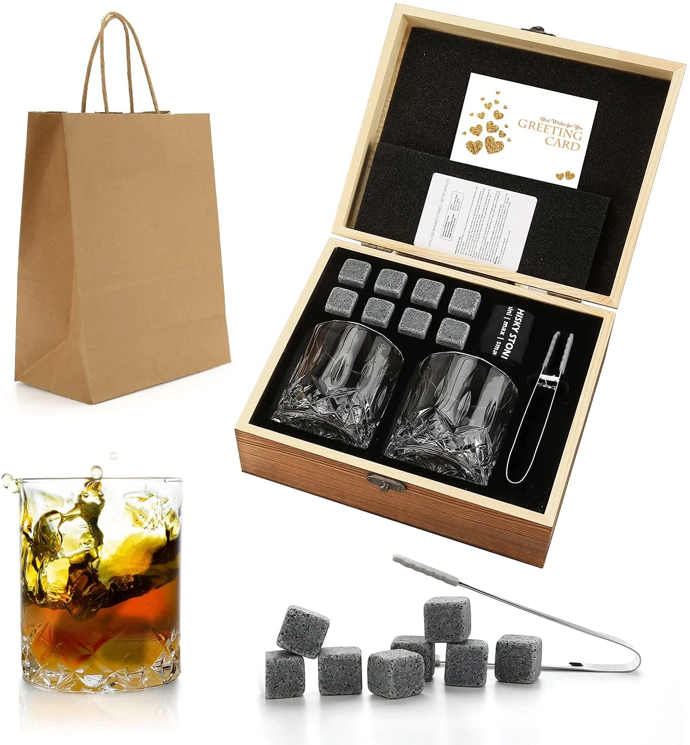 Whiskey Stones & Glasses Set, Granite Ice Cube for Whisky, Whiski Chilling Rocks in Wooden Box, Best Gift for Dad Husband Men