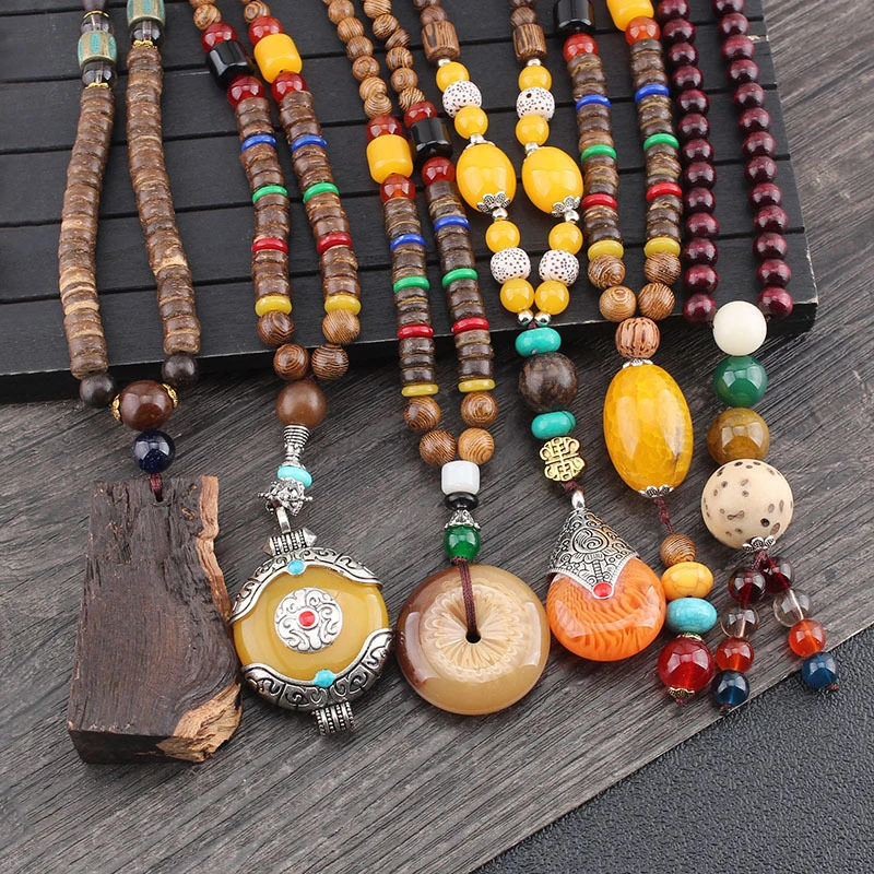 New Vintage Ethnic Style Lotus Ox Horn Wood beaded Stone Pendants & Necklaces Statement Nepal Necklace Women Men Jewelry