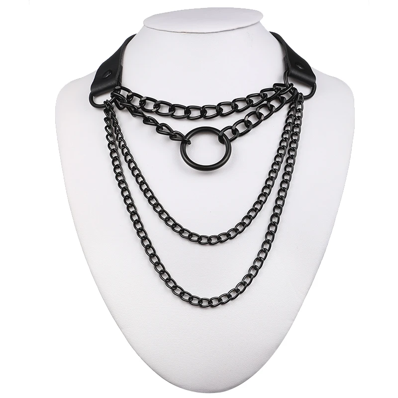 Layered Chain necklace Punk choker collar goth pendant necklace women black leather emo gothic  jewelry
