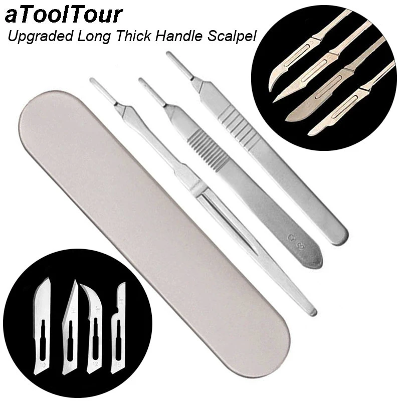 Upgraded Long & Thick Handle Carbon Steel Carving Scalpel Blades Medical Cutting Sliding Scalpel Knife Storage Blade 10 11 12 15