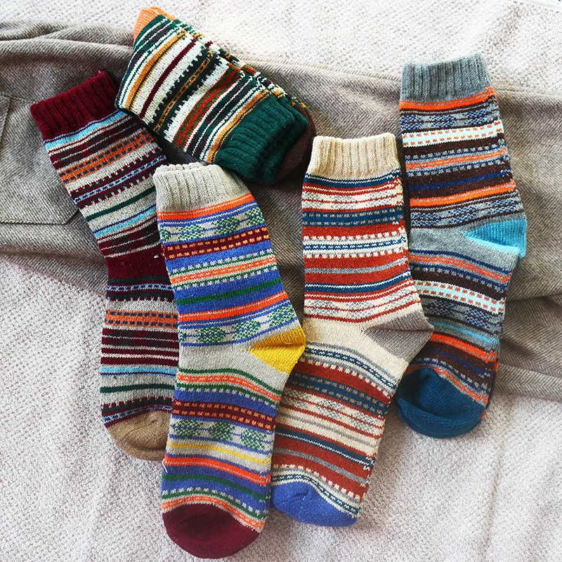 Winter New Men's Thick Warmth Harajuku Retro High Quality sStriped Fashion Wool Casual Socks 5 Pair