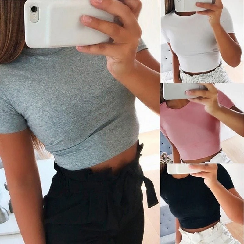 Summer Women Fashion Crop Top Shirt Solid Color O-Neck Short Sleeve T-shirt  Casual Tees Basic Black White