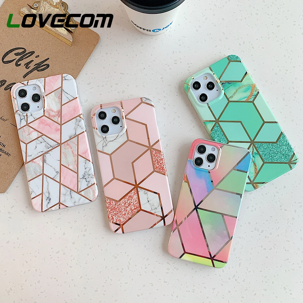 LOVECOM Geometric Marble Phone Cases For iPhone 13 12 11 Pro Max XR X XS Max 7 8 6S Plus Soft IMD Electroplated Back Bumper