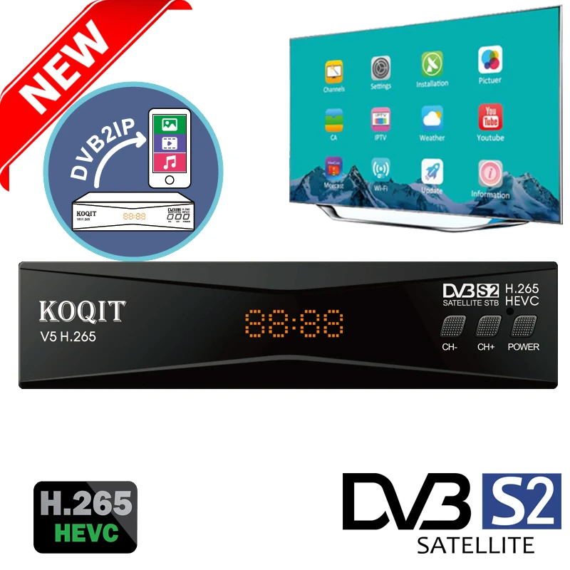 Koqit DVB2IP MeeCast H.265 Dvb S2 Satellite Receiver DVB-S2 HEVC Receptor Cs IPTV Decoder finder Live Mirror screen Cast Biss VU