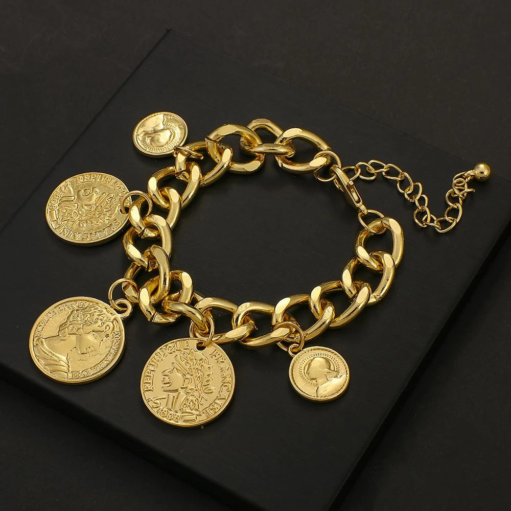 Flashbuy Big Gold Punk Chain Coins Bracelet Personality Vintage Portrait Charms Bracelets For Women Fashion Jewelry Accessories